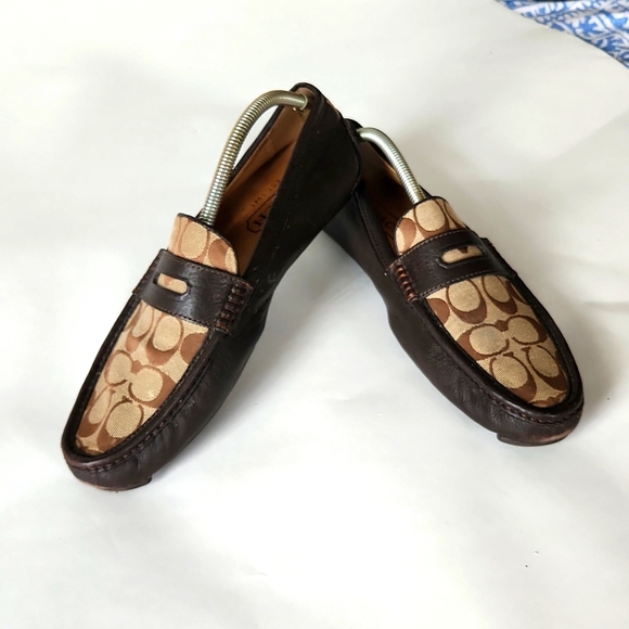 11 COACH mens loafers slip on brown C logo, driving moccasins,  loafers - Picture 1 of 9